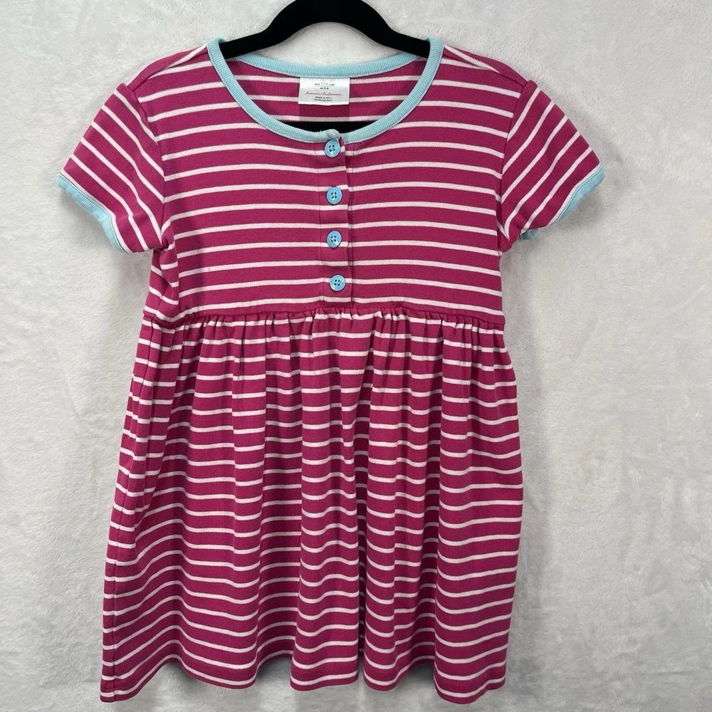Hanna Andersson Button Front Striped Dress Girls 5-6Y Summer Coastal Cotton